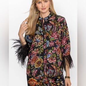 Johnny Was Lewella Reversible Silk Feather Trim Kimono SIze XS NWT
